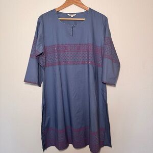 Asankhya Blue Cotton Kurta Tunic Dress XXL Side Slits